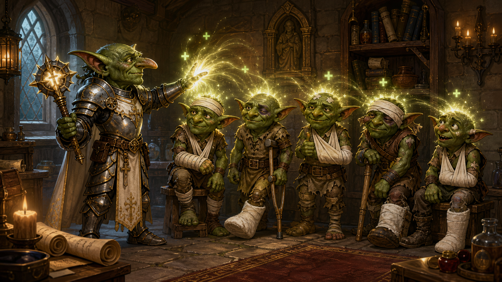 A goblin cleric in plate armor casts healing magic on five injured goblins with bandages, splints, and broken limbs.
