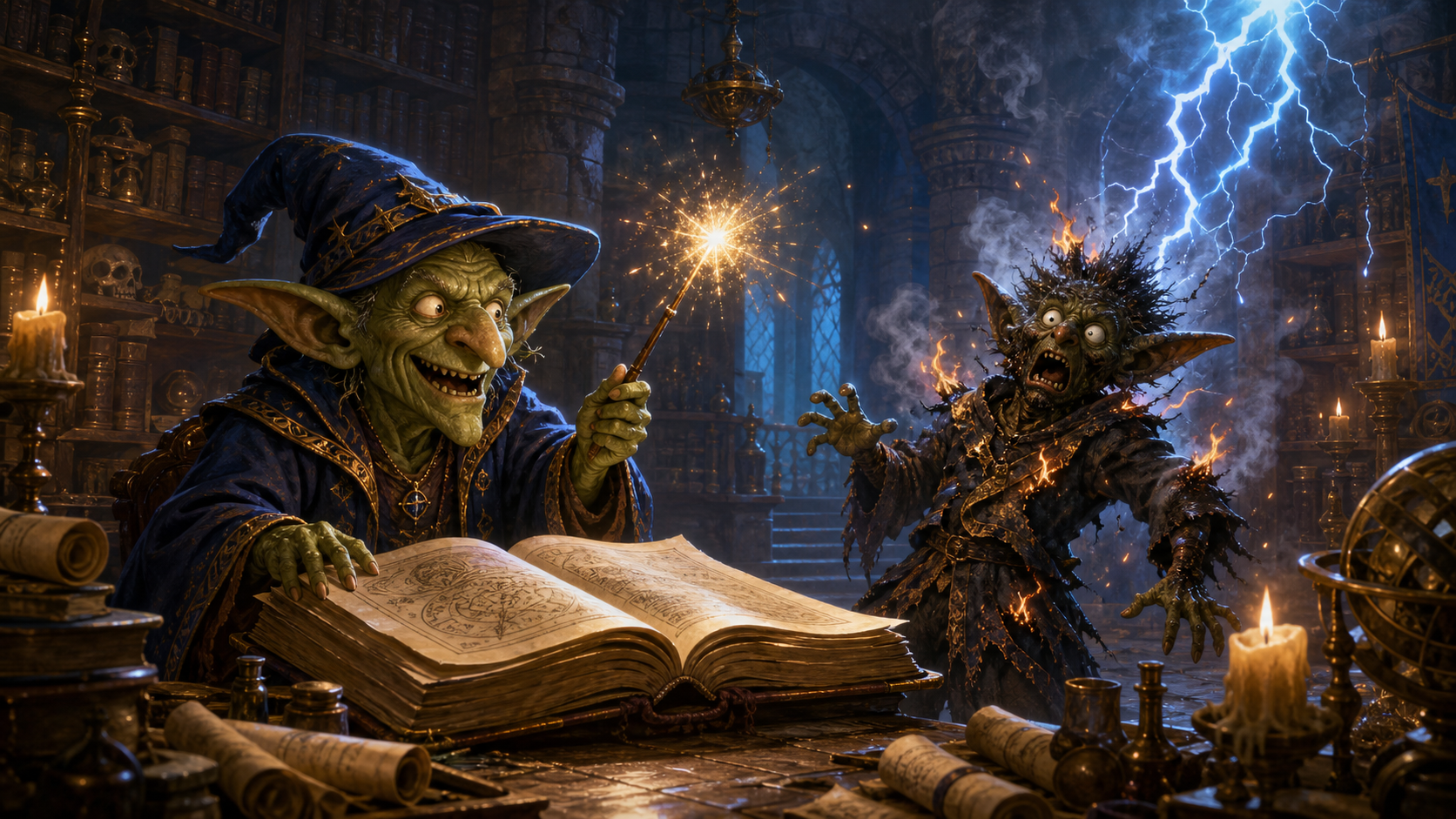 A goblin wizard studies a large spell tome in a castle library while his sparking wand has singed another goblin.