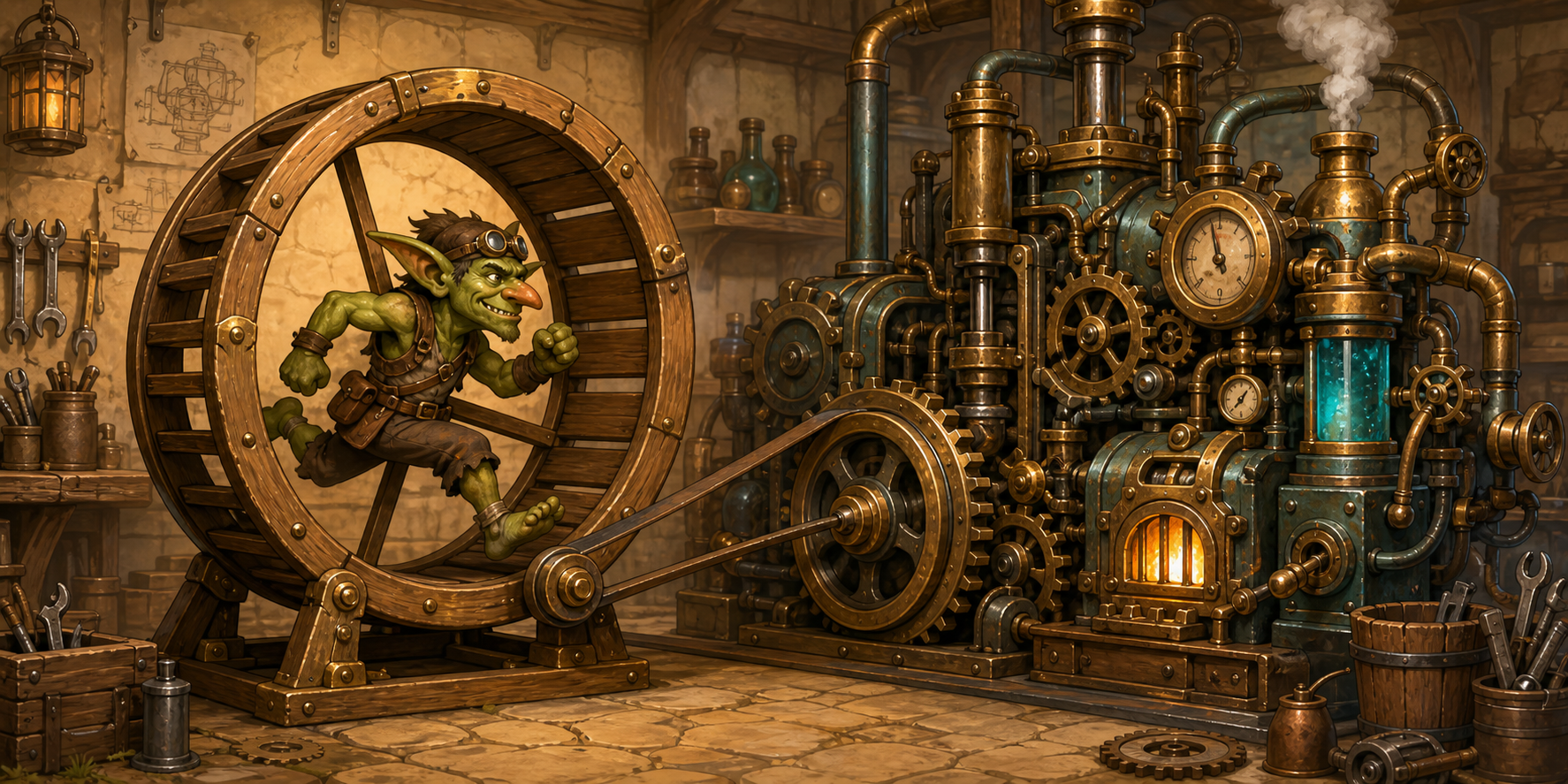 Illustration of a goblin running in a wheel powering a large clockwork machine